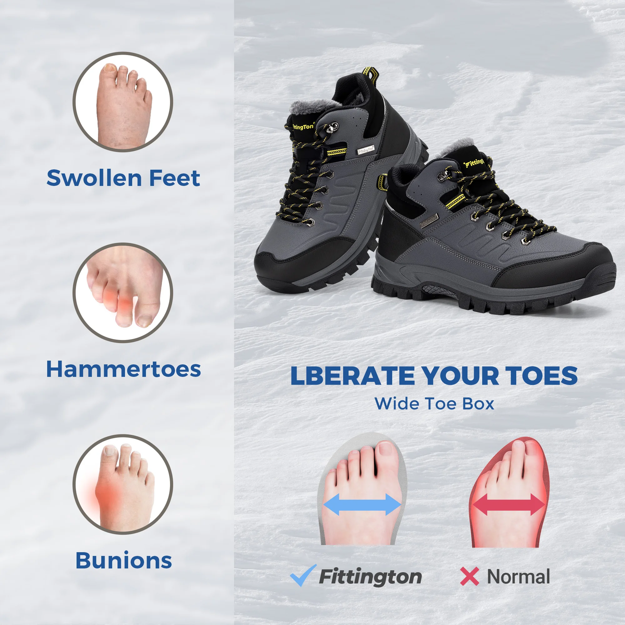 Fittington Wide Toe Men's Winter Boots Fleece Lined Warm Snow Boot Anti‑Slip High‑Top Outdoor Hiking Shoes for Men Suitable -15℃