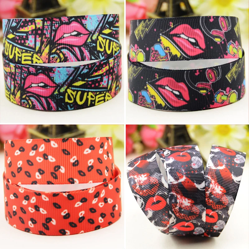 22mm 25mm 38mm 75mm lip print Cartoon printed Grosgrain Ribbon party decoration 10 Yards