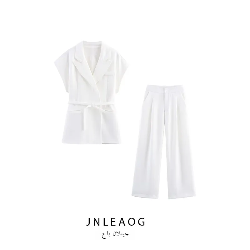 JNLEAOG automne nouveau femmes Faion mélange tissu Double boutonnage gilet pantalons longs deux pièces ensemble Polyester Fiber européenne Sle