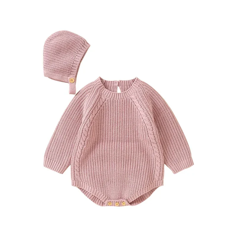 

0-18M Unisex Newborn Outfit - Autumn Winter Solid Long Sleeve Knit Bodysuit + Hat