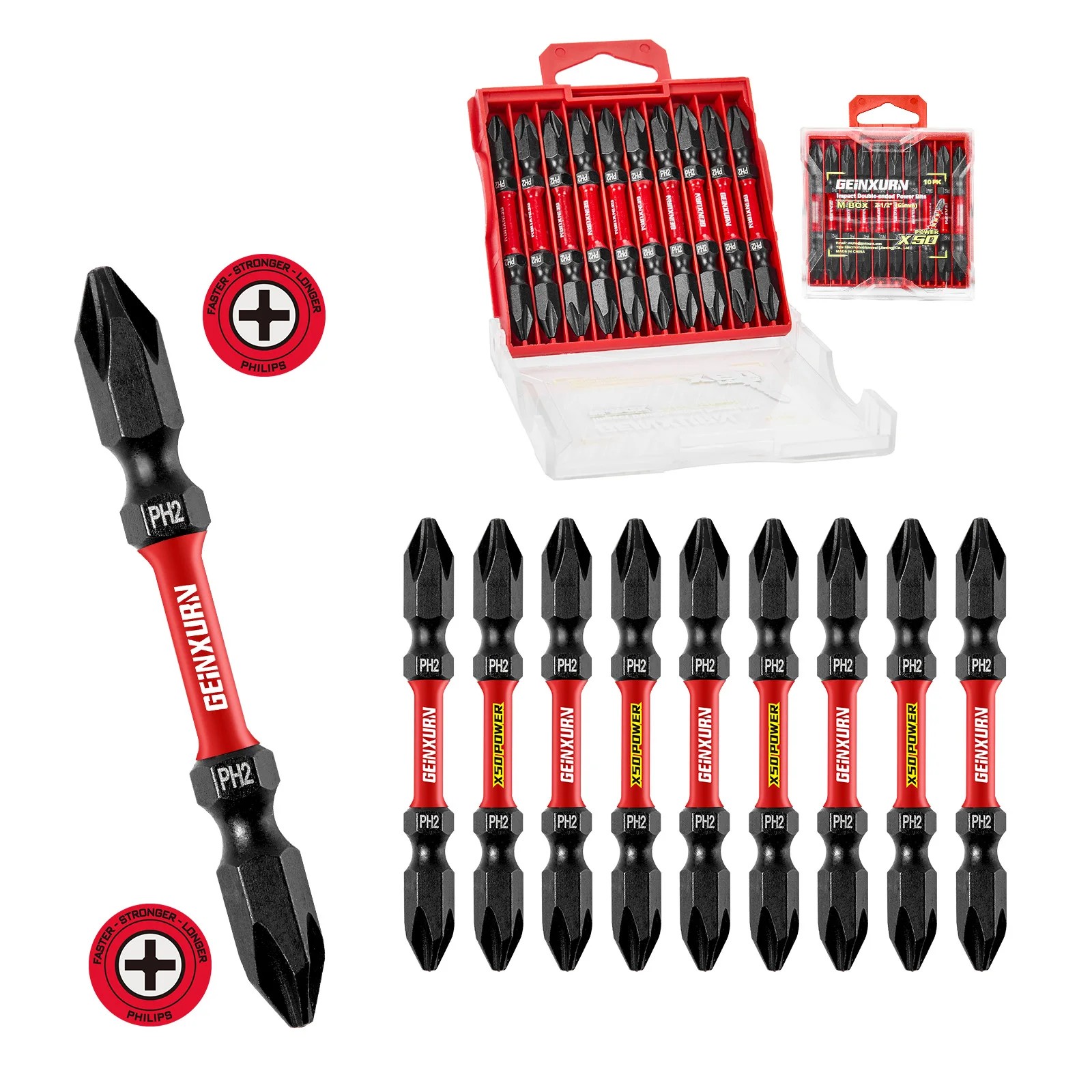 Geinxurn 2.56'' PH2-PH2 Impact Double-Ended Power Bit, Standard Type, S2 Alloy Steel With Designed For High-Torque Applications