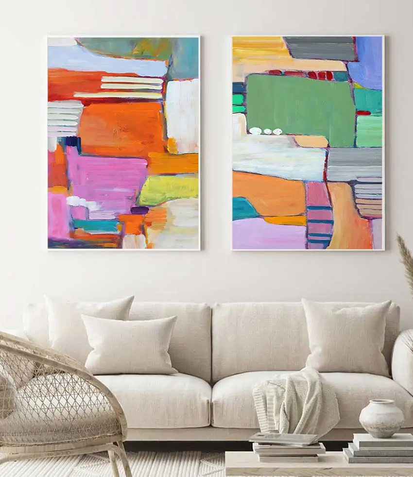 Colorful Geometric Heavy Brush Stroke Contemporary Handmade Knife Palette Abstract Large Modern Thick Textured Painting Wall Art