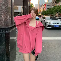 Sweatshirts For Women Long V Neck Tops Pullovers Pink Female Clothes Plain New In Cheap And High Quality Korean Fashion Thick E