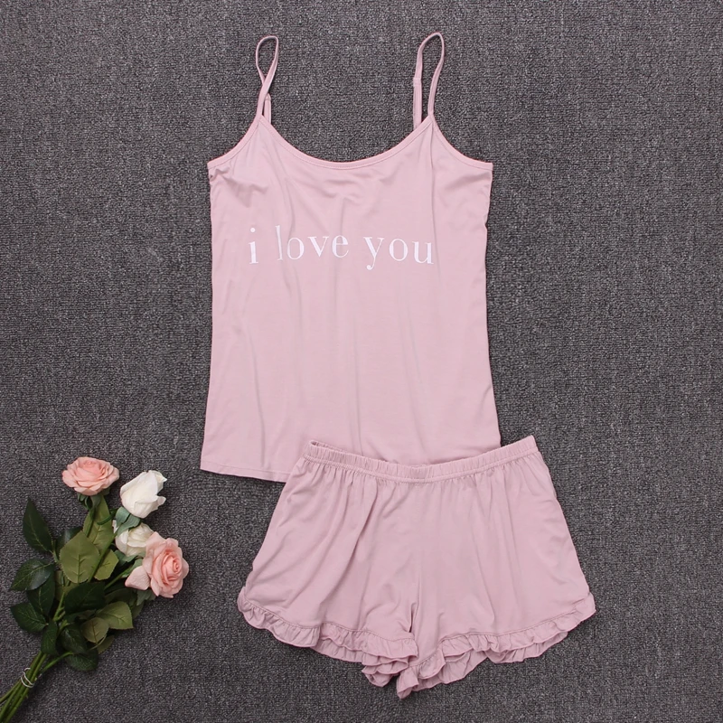 

Women's Cozy Pajama Set With Letters Print Round Neck Slip Vest And Frill Trim Elastic Shorts Ultra-Soft Home Suit Sleepwear Pjs