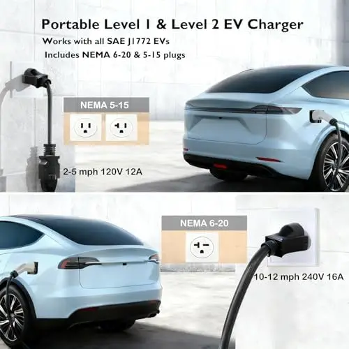 

Portable EV Charger, 16A 25ft J1772 Dual Voltage 120V/240V Level 1 & 2 Charging Station for BEVs/PHEVs