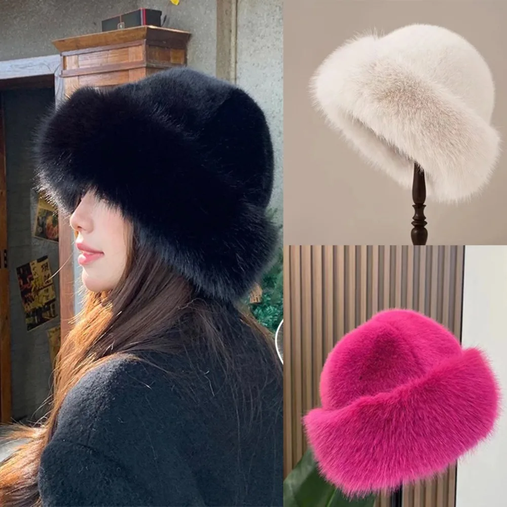 New Warm Fluffy Fur Bucket Hat Cold Thicken Panama Cap Cover Head Cap Snowy Day Plush Fisherman Hat Ear Protection Winter Hat