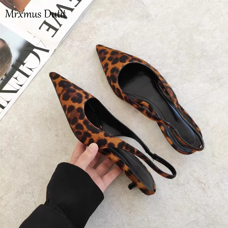 Mrxmus 2024 New Women Summer Fashion Horsehair Leopard Print Sharp Pointed Low Heels Sandals Elegant Temperament Shoes Female