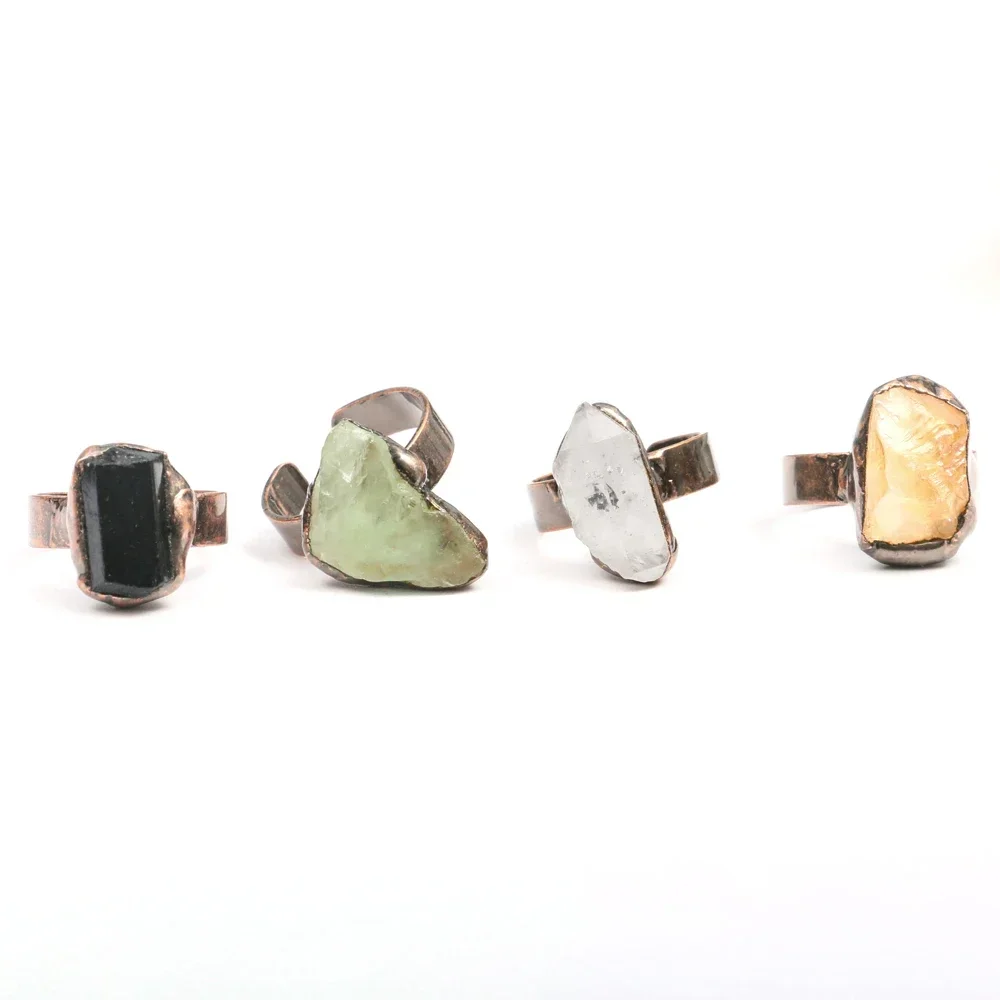 

Adjustable Quartz Ring Black Tormaline Citrine Green Fluorite AmethystsVintage Irregular Natural Crystal Gemstones Finger Rings