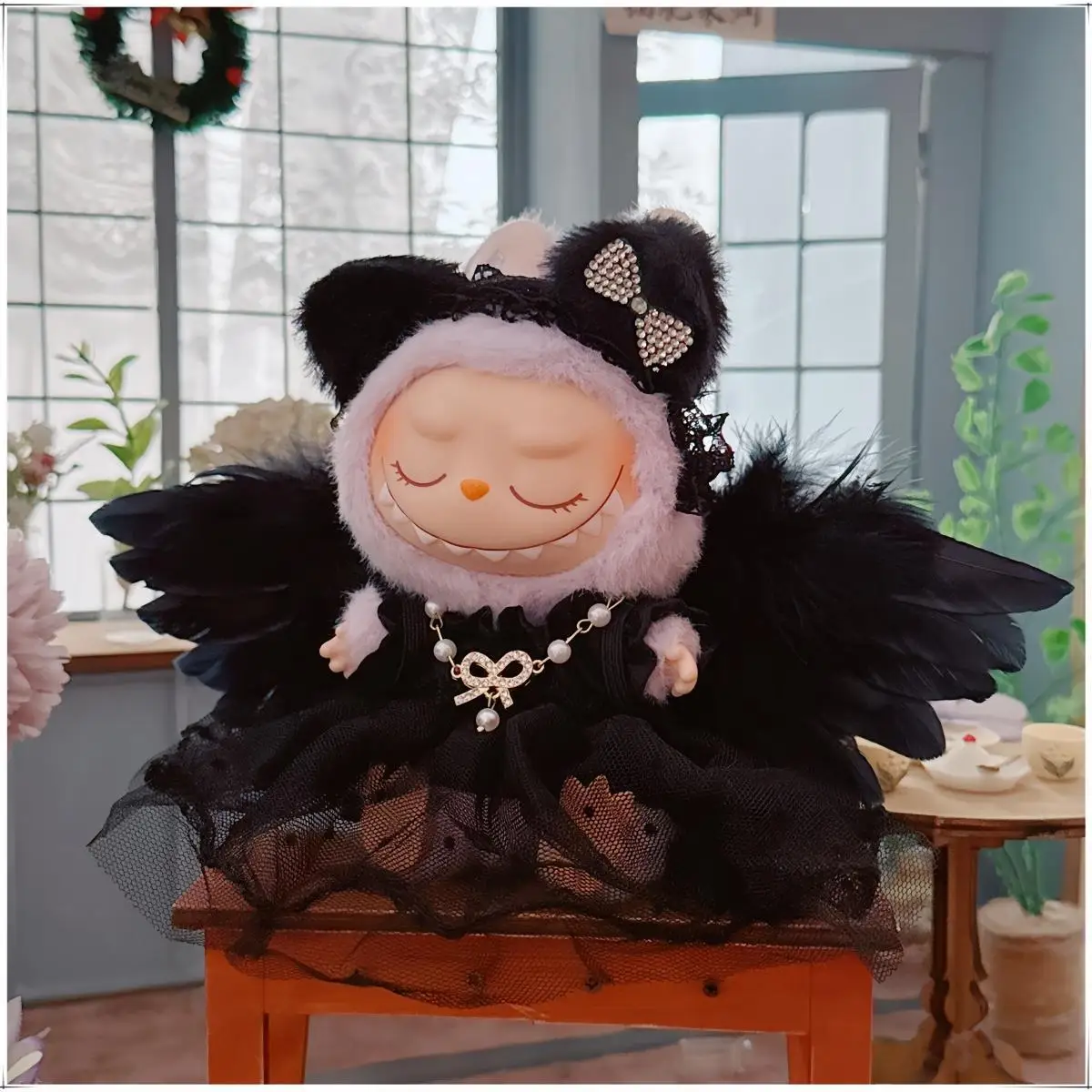 Labubu-caja ciega de vinilo de primera y segunda generación, ropa para muñeca de 17CM, conjunto de cinco piezas, vestido de diablo, colgante de vestido de novia negro