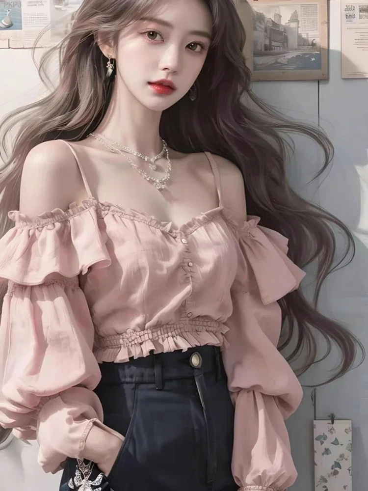 White Chiffon Korean Elegant Blouse Women 2024 Casual Fashion Off Shoulder Blouse Female Long Sleeve Designer Pretty Pink Blouse