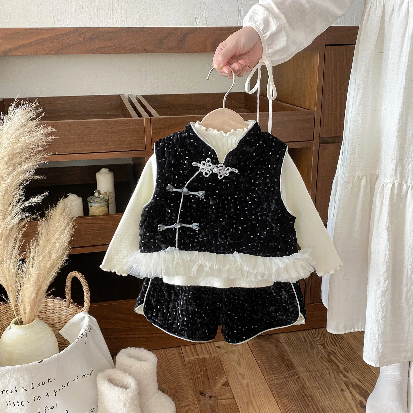 

Newborn Baby Girls 3piece Set Winter Chinese Style Mesh Thick Kid Girl Top+infant Girl Undershirt Mid Waist Toddler Girl Pant
