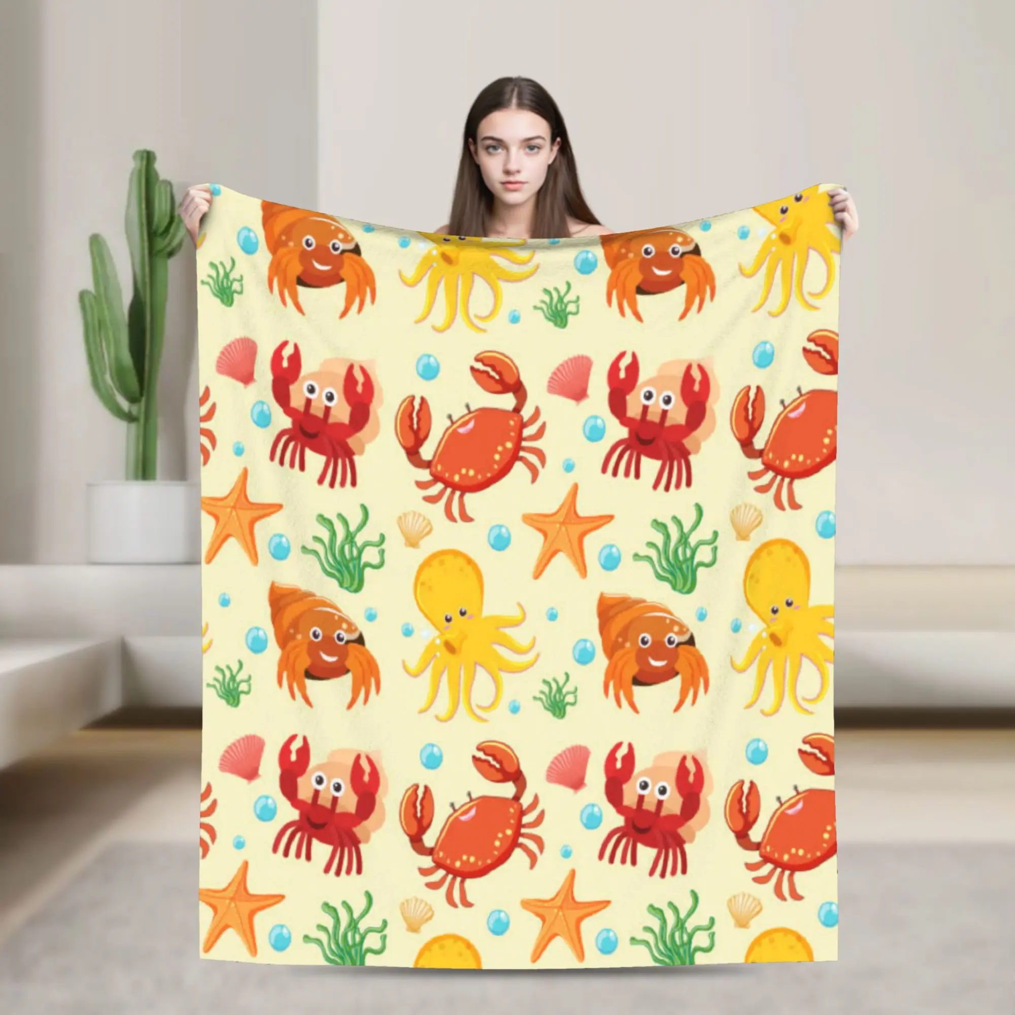 Cute Sea Creatures In A Repeating Design Plush Blanket Students  Flannel Throw Blanket For Bedroom Soft Bedspread Gift Idea
