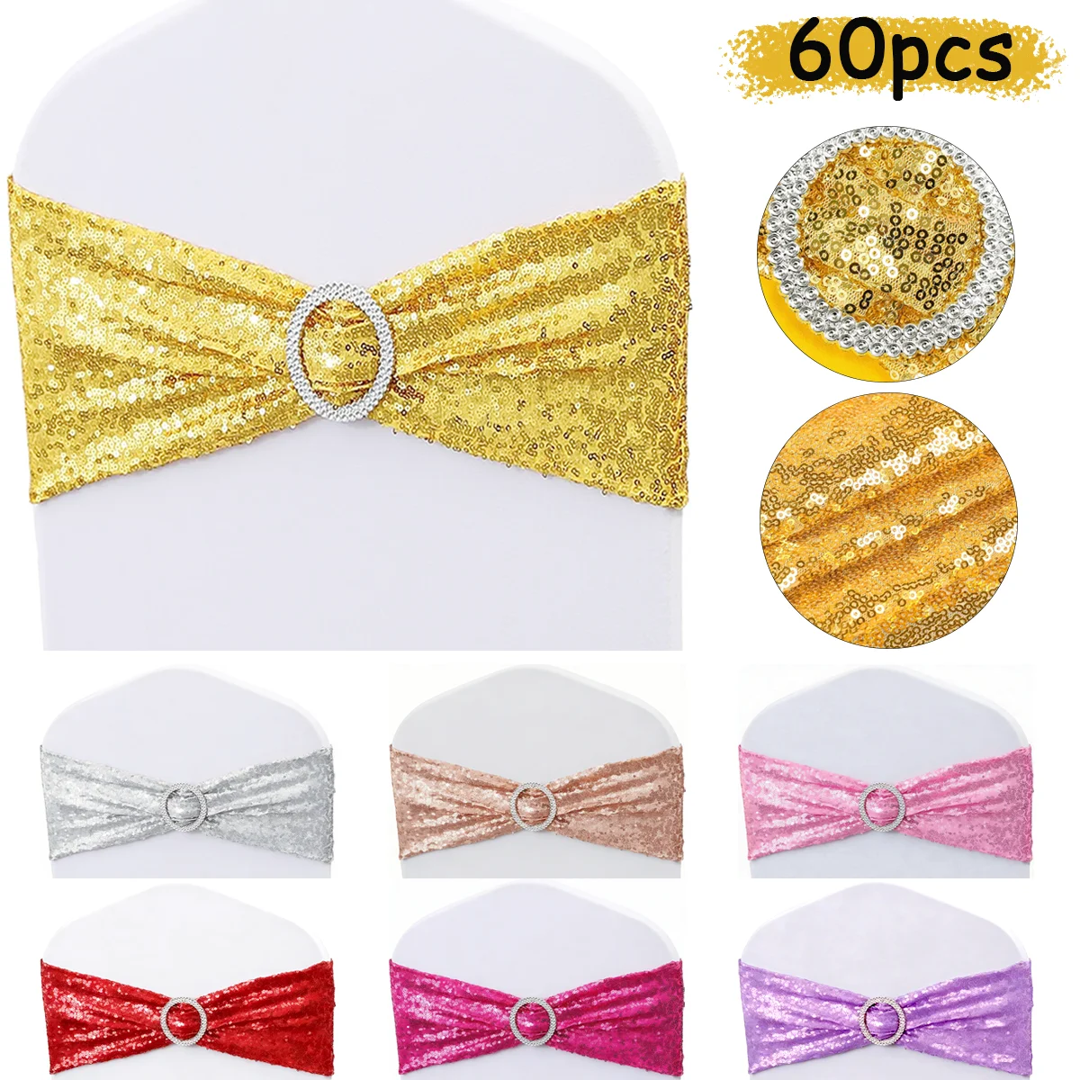 60-Pack Chair Back Straps with Sequin Elastic Spandex Bands and Decorative Bows, Single-Sided Sequins, Perfect for Romantic Weddings, Parties, and Home Chair Cover Decoration