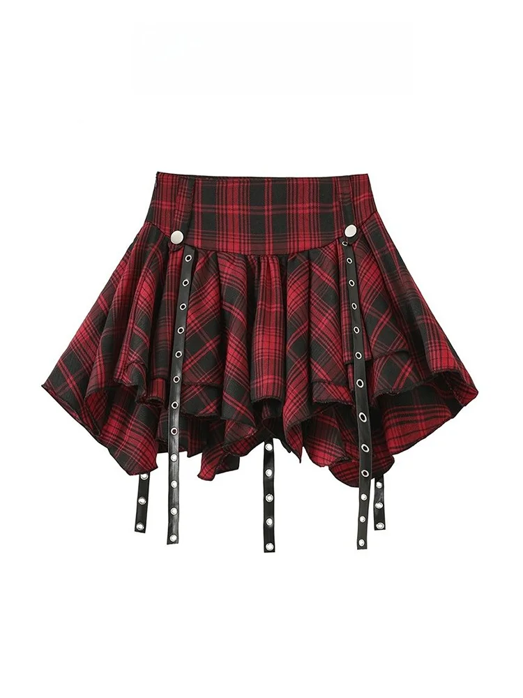

Y2K Spicy Girl Red Plaid Pleated Skirt Irregular JK Puffy Skirt Spring Design High Waist A-Line ort Skirt for Women