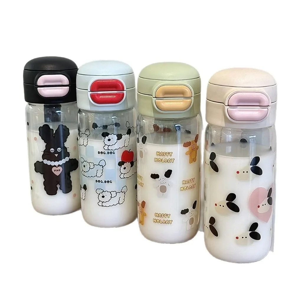 

New Cartoon Design Student Water Bottle 520ml Leak-proof Heat-resistant Glass Tumbler with Flip Straw Lid Aesthetic Portable Cup