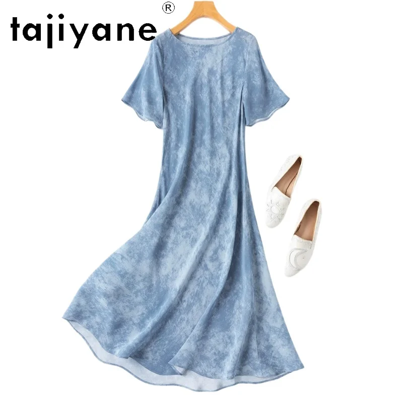 TAJIYANE 100% Real Mulberry Silk Dresses for Woman Blue Tie-Dye Print Midi Dress Women's Casual Dresses 2026 Summer Clothes 원피스