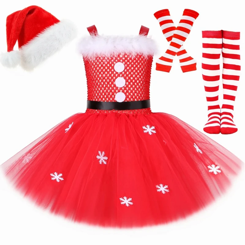 Kids Santa Costume Girls Christmas Mrs Claus Tutu Dress Outfit Red Tulle Princess Dress for Girls Xmas Party New Year Dress Up