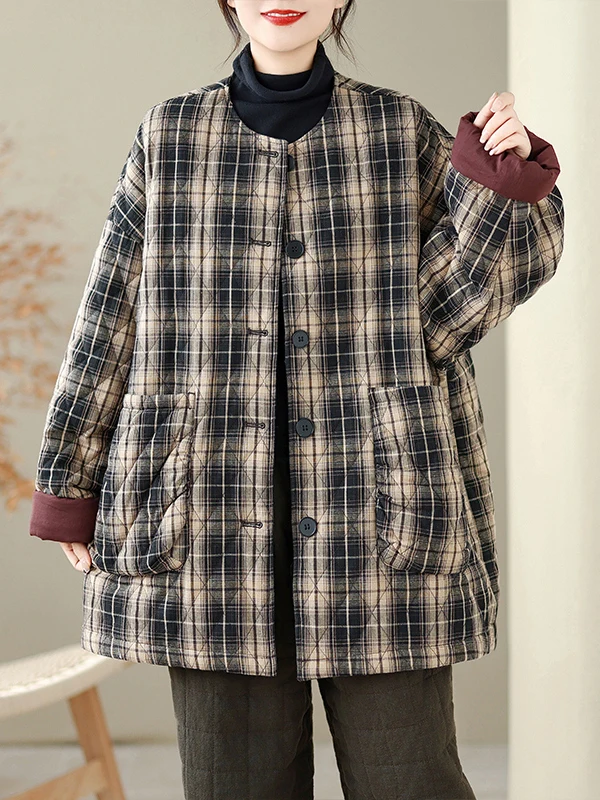 

Свободный повседневный клетчатый хлопковый джет большого размера, осень-зима, новый корейский вариант, прямая трубка для поездок на работу, Thi Long Sve