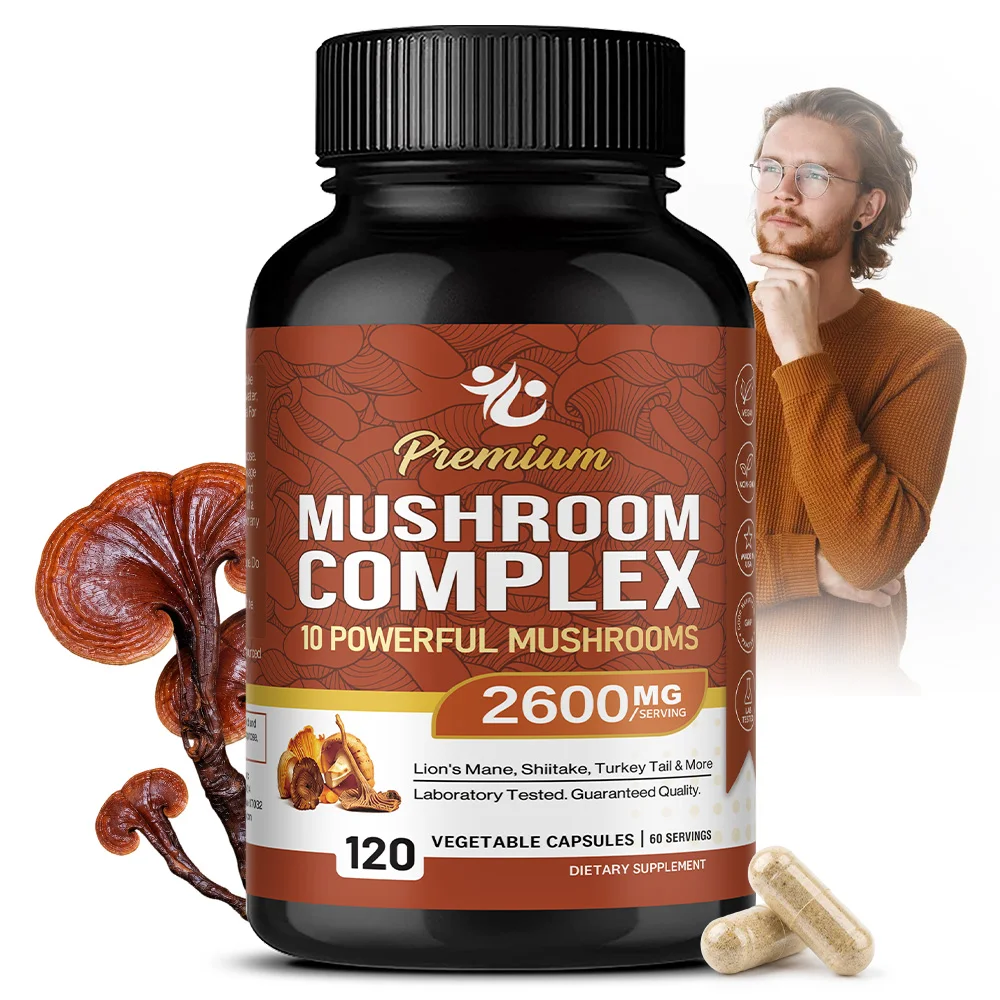 10 Mushroom Complex Supplement 2600mg,120 Capsules,Lion’s Mane,Reishi,Cordyceps,Chaga,Turkey Tail,Maitake,Enoki,Agaricus, Oyster