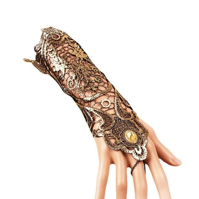 Mittelalterliche goldene Spitzenhandschuhe, Steampunk-Spitze, fingerlose Handschuhe, schöner Fingerring, Cosplay-Zubehör für den Valentinstag