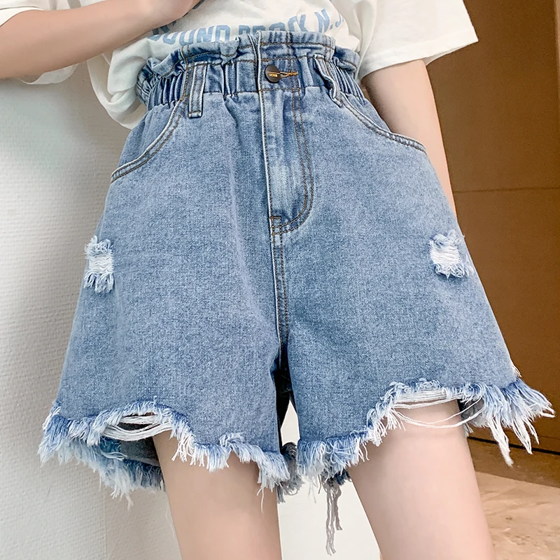 Summer Trendy Women Denim Shorts Oversized Elastic Waist Ripped Raw Edge Wide Leg Shorts Leisure Loose Female Jeans