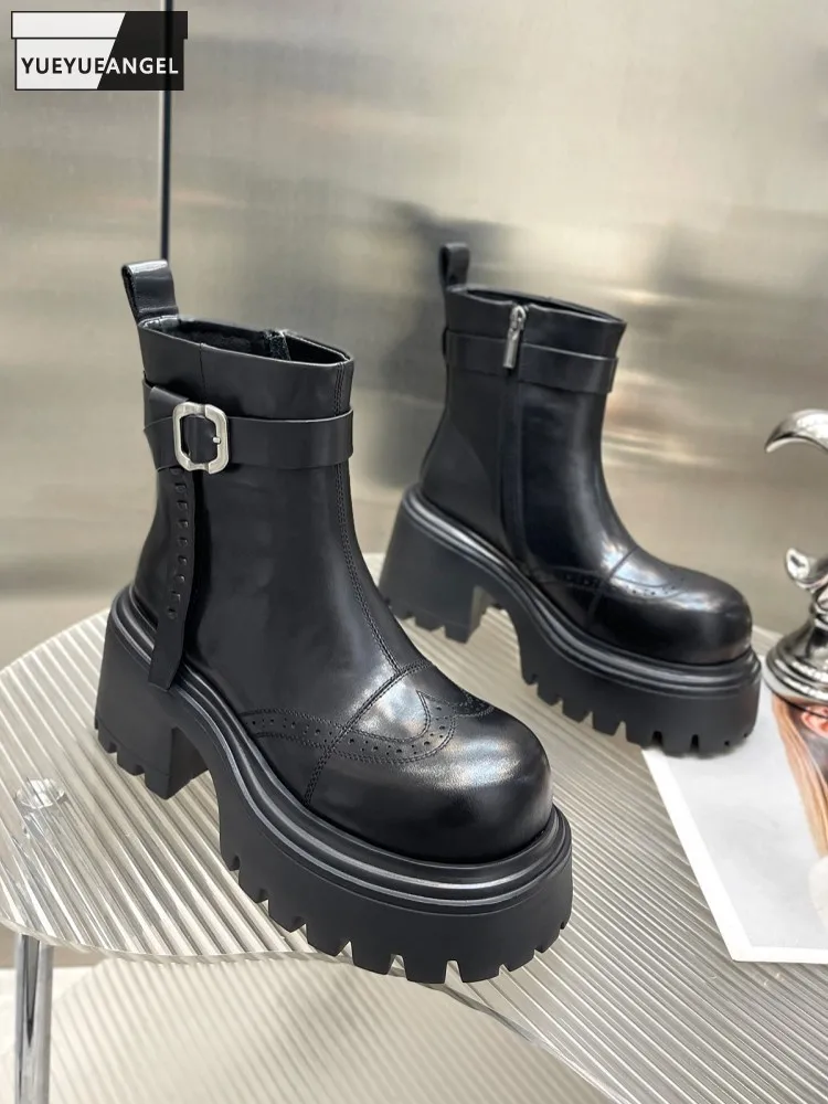 

Retro Fashion Ladies British Style Buckle Height Increase Cowhide Genuine Leather Comfortable Thick Platform Handmade Ankle Boot
