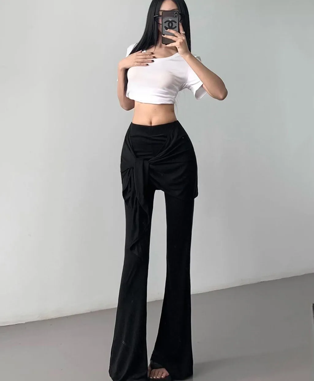 Women Sporty Style Fake Two-Piece Set Lace-Up Micro Flare Pants Slim Leg-Lengthening Casual Fashion Streetwear