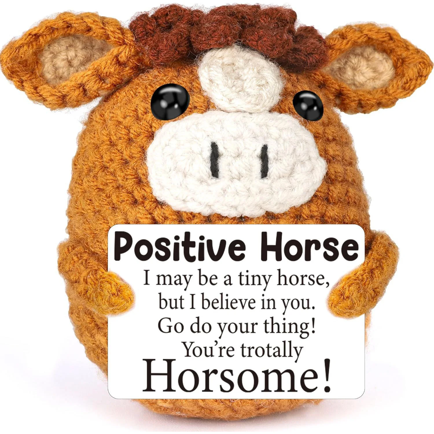 Muñeco de caballo con soporte emocional de ganchillo divertido, adorno de escritorio con tarjeta, muñecos de caballo tejidos hechos a mano, regalos de Navidad, decoración del hogar
