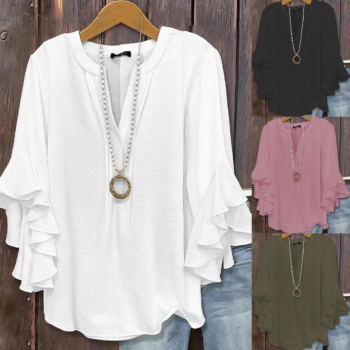 

Summer Women's Clothing V Neck Three Quarter Sleeve Blouse With Ruffle Elegant Casual Shirt For Woman Polyester Loose Fit