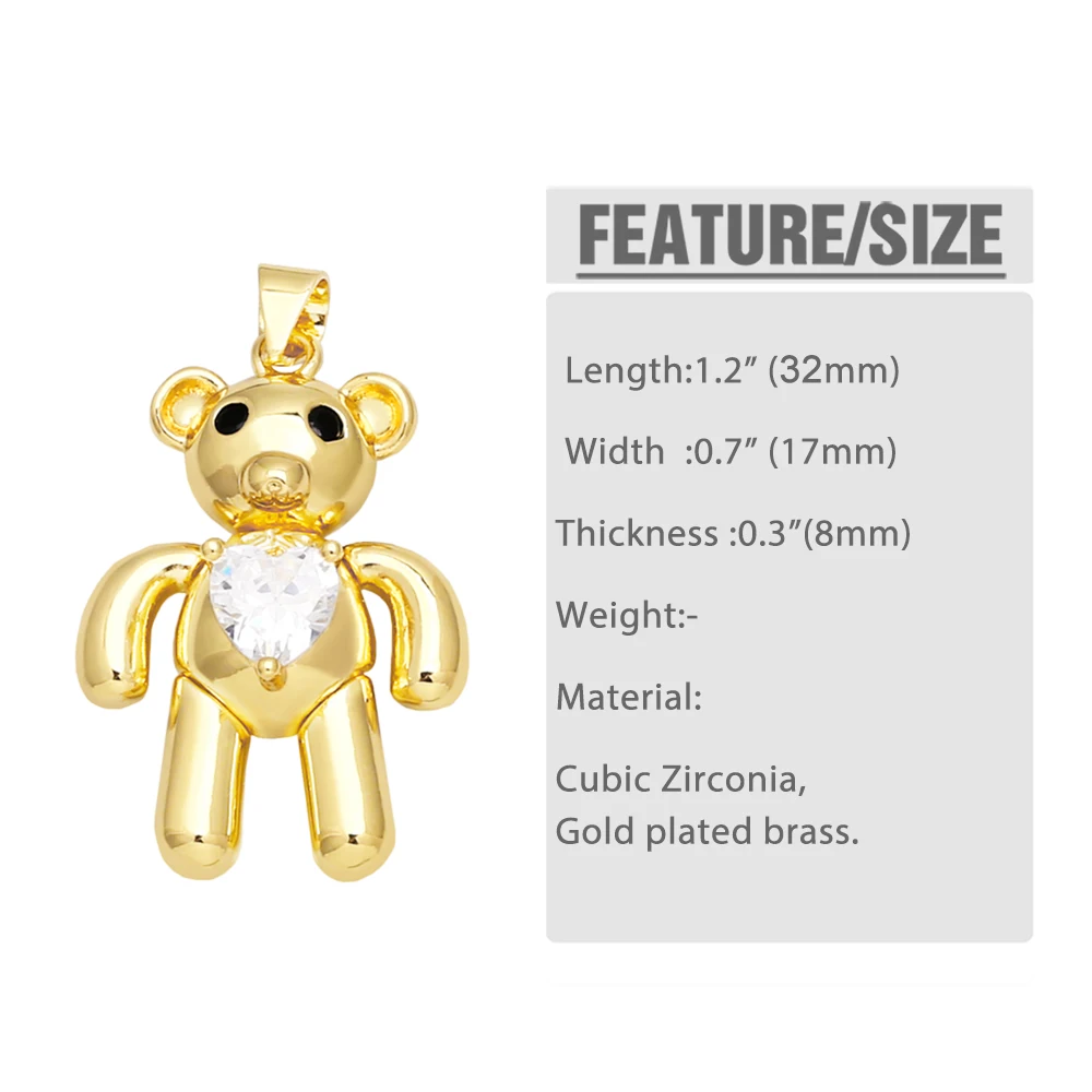 OCESRIO Multicolor Crystal Heart Cute Bear Pendant for Necklace Copper Gold Plated Jewelry Making Component Wholesale pdtb069