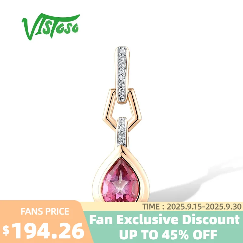 

VISTOSO Real 14K 585 Rose Gold Pendant For Women Sparkling Diamonds Glamorous Pink Topaz Pear Wedding Anniversary Fine Jewelry