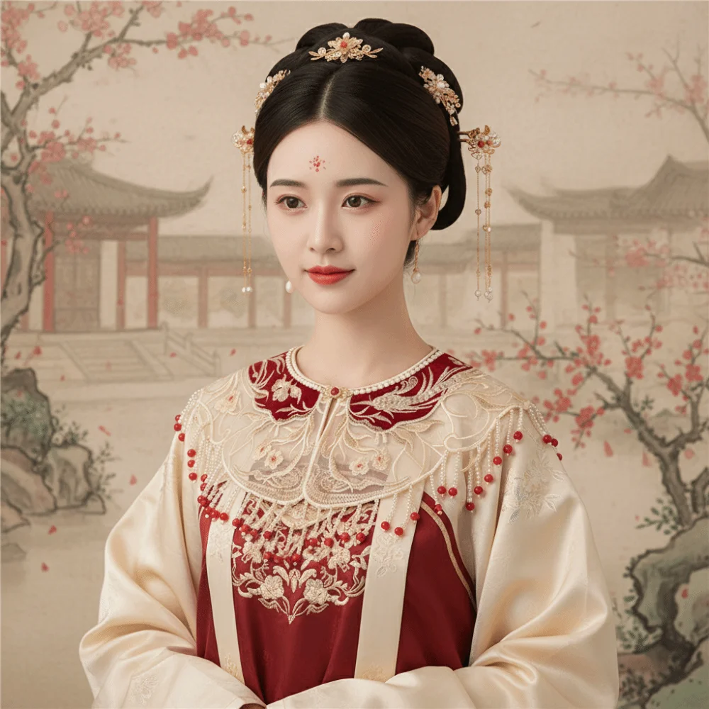Chinese Style Hanfu Collar Embroidery Design Floral Pattern Horse-face Skirt Yunjian Collar Pearl Cloud Shoulder