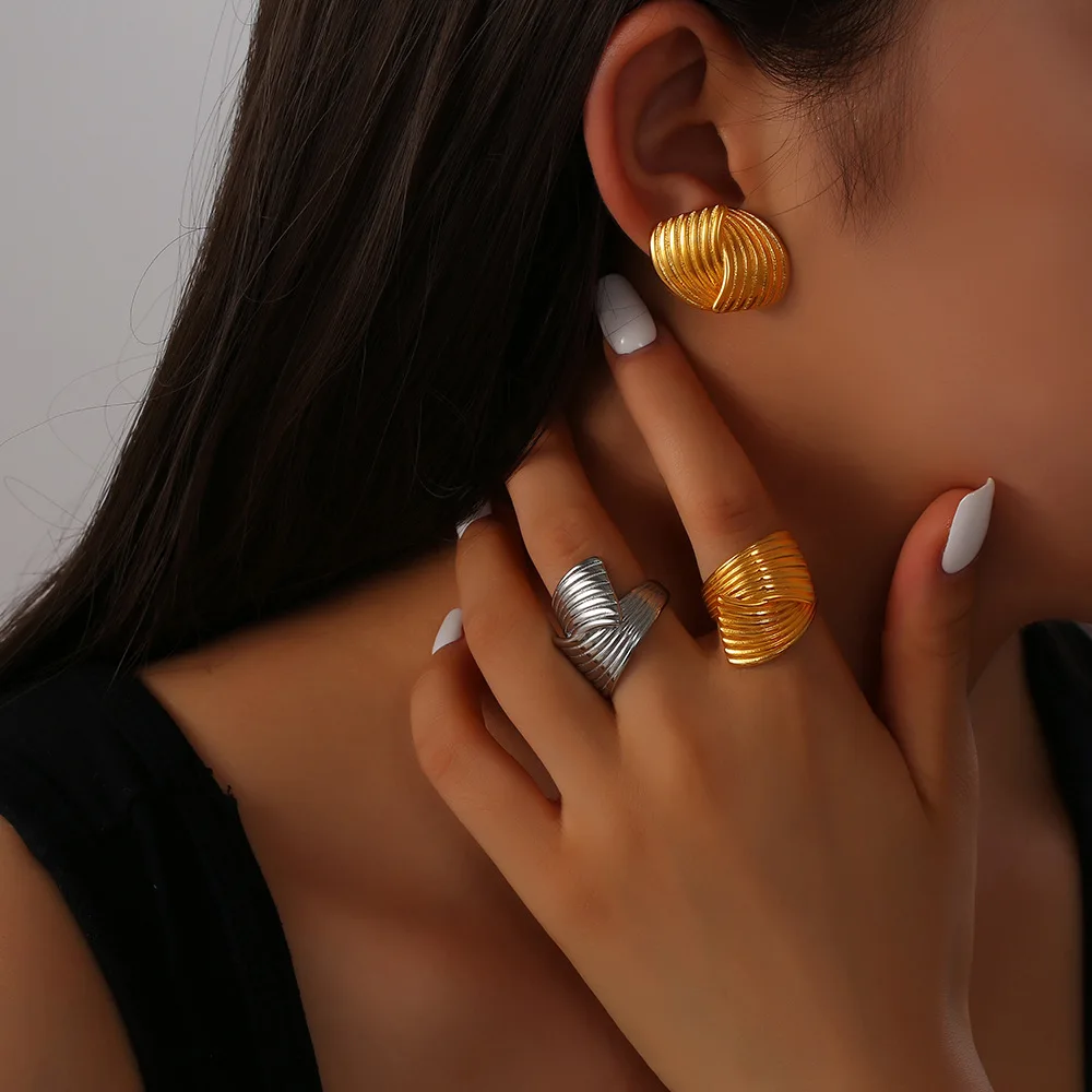 

New handmade polished lines multi-layer texture design earrings + ring set titanium steel gold-plated jewelry