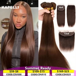 Chocolate Brown Straight Human Hair Bundles with Closure HD 4x4 13x4 Frontal Hair Bundles 100% Raw Remy Hair Weave Extensions