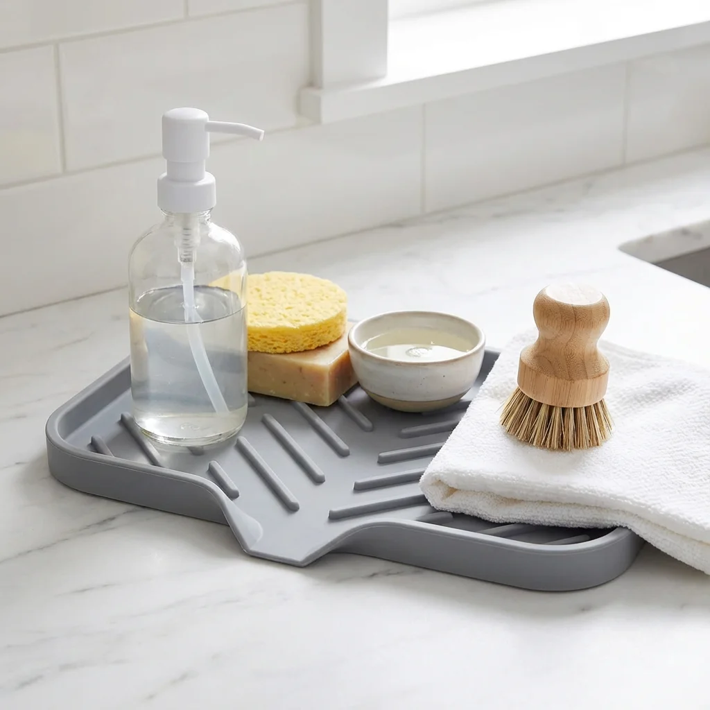 

Kitchen Sink Essential Silicone Mat, Gray, Drainage & Anti-Slip, Perfect for Soap Dispenser & Sponge Organization