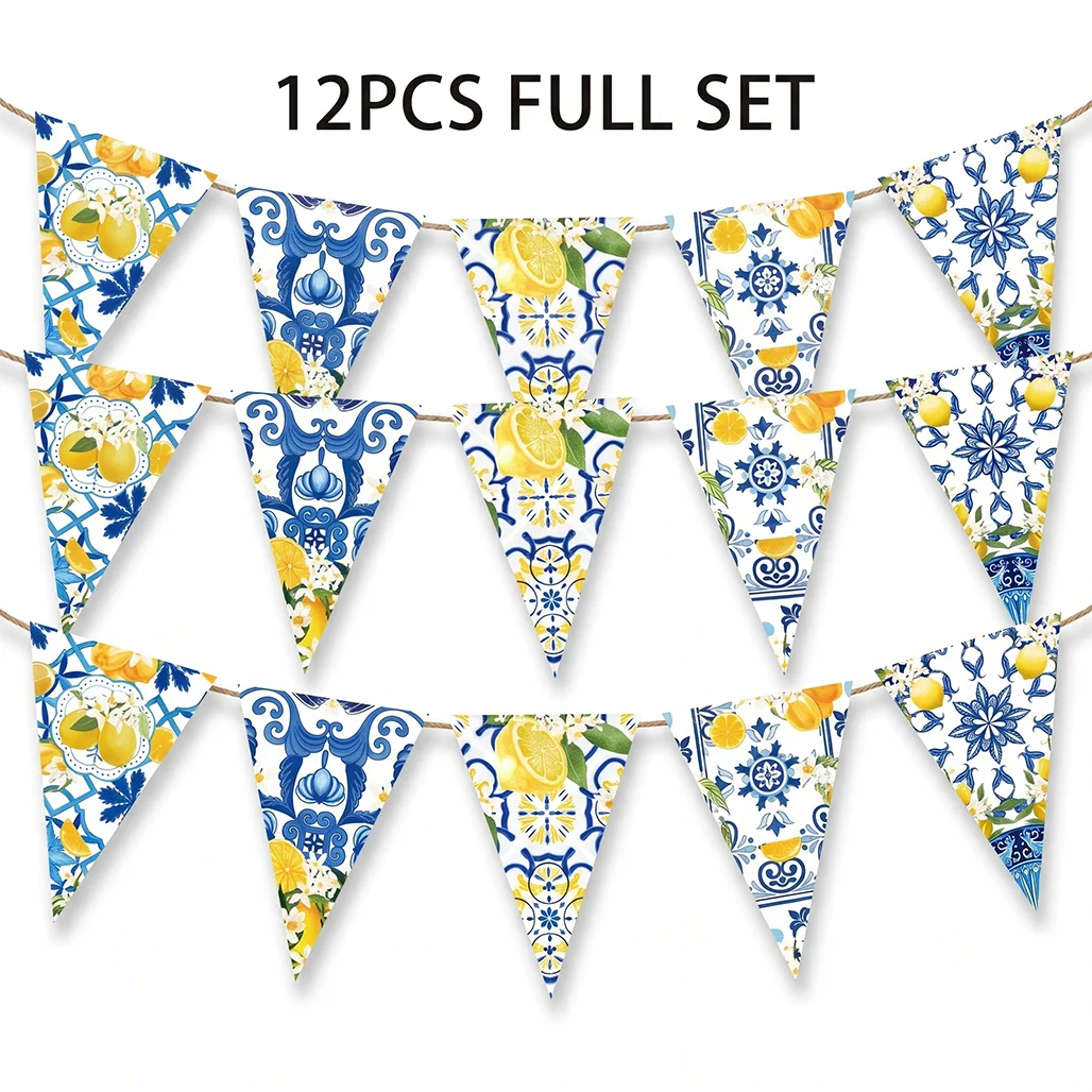 Zitronenblaue Fliesen-Wimpelkette im mediterranen Stil, dreieckige Flaggen für Sommer-Gartenparty, Brautparty, Geburtstagsdekorationen – Detail 1