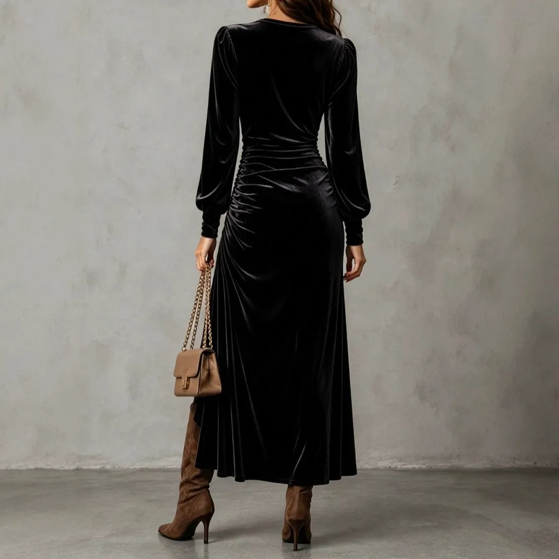 One a Line Gown with Fitted Waist Office Style Knee Length Long Sleeves Mid Rise Waist Fitted Silhouette Party Dress for Women