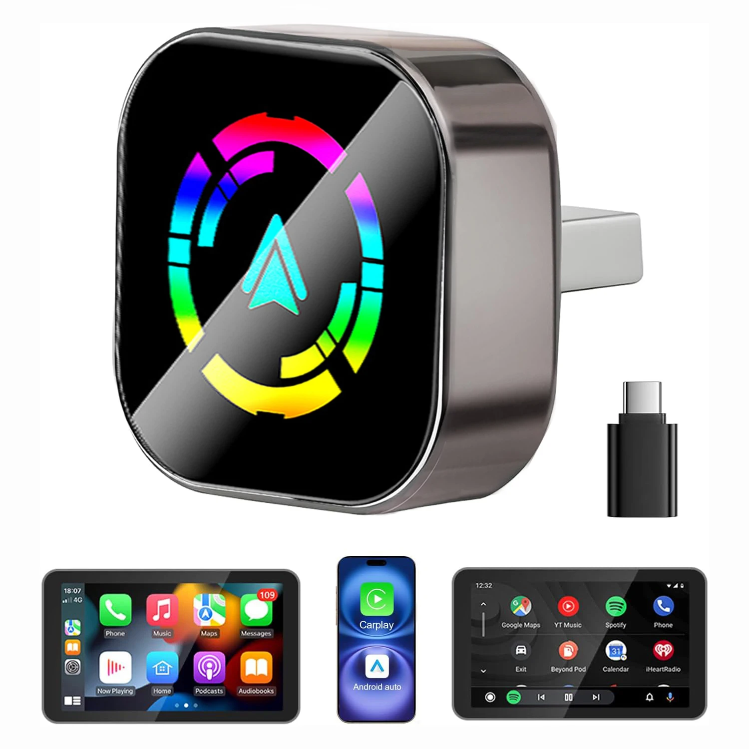 2 in 1 Wireless CarPlay Adapter for iOS 10+ & Android Auto, Plug and Play, Fast Auto-Connect, 5GHz WiFi, Bluetooth 5.3