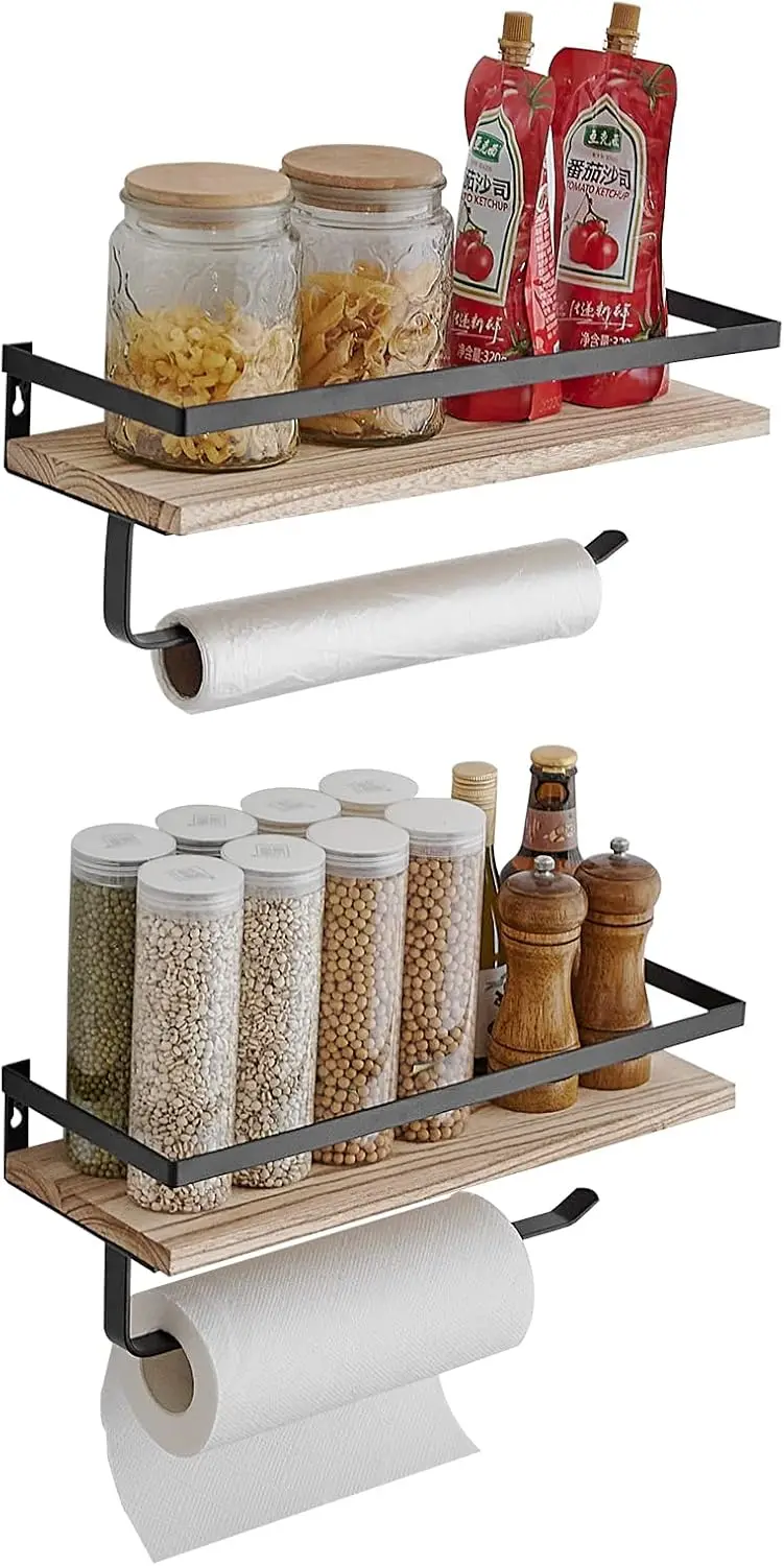 

Floating Wall Shelves with Towel Rack, Matte Black Metal, Set of 2 for Kitchen or Bathroom