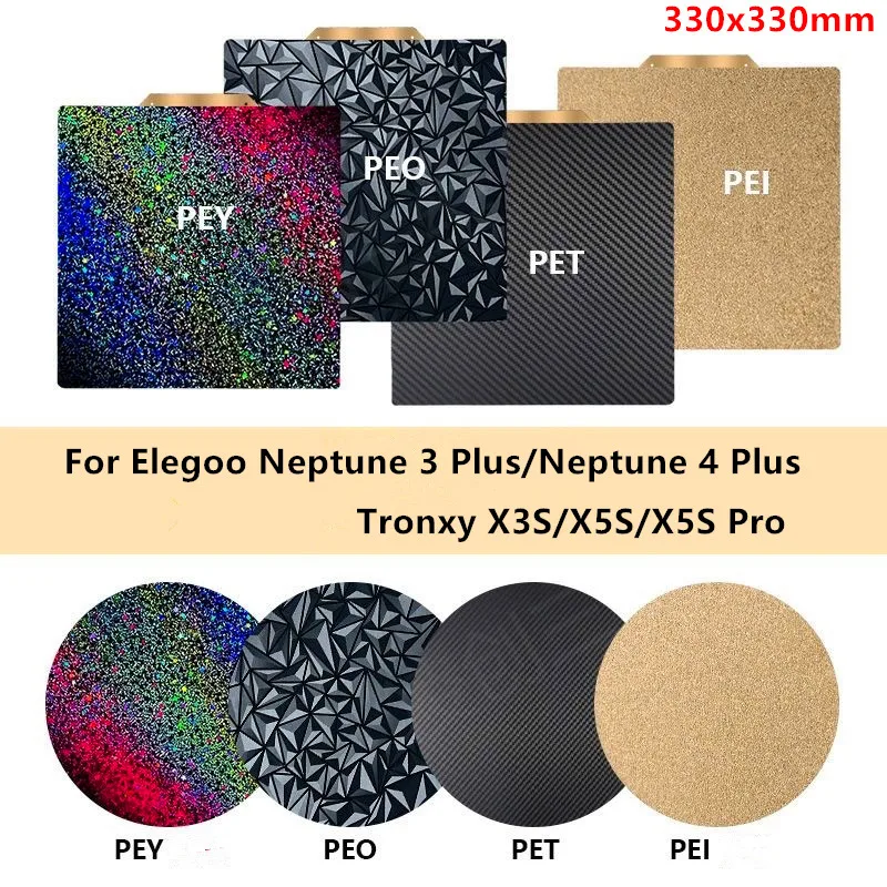 

Flexible Magnetic PEI Build Plate 330x330mm for Elegoo Neptune 4 Plus/3 Plus,TronXY X3S/X5SA Pro Double Sided PET PEO Sheet