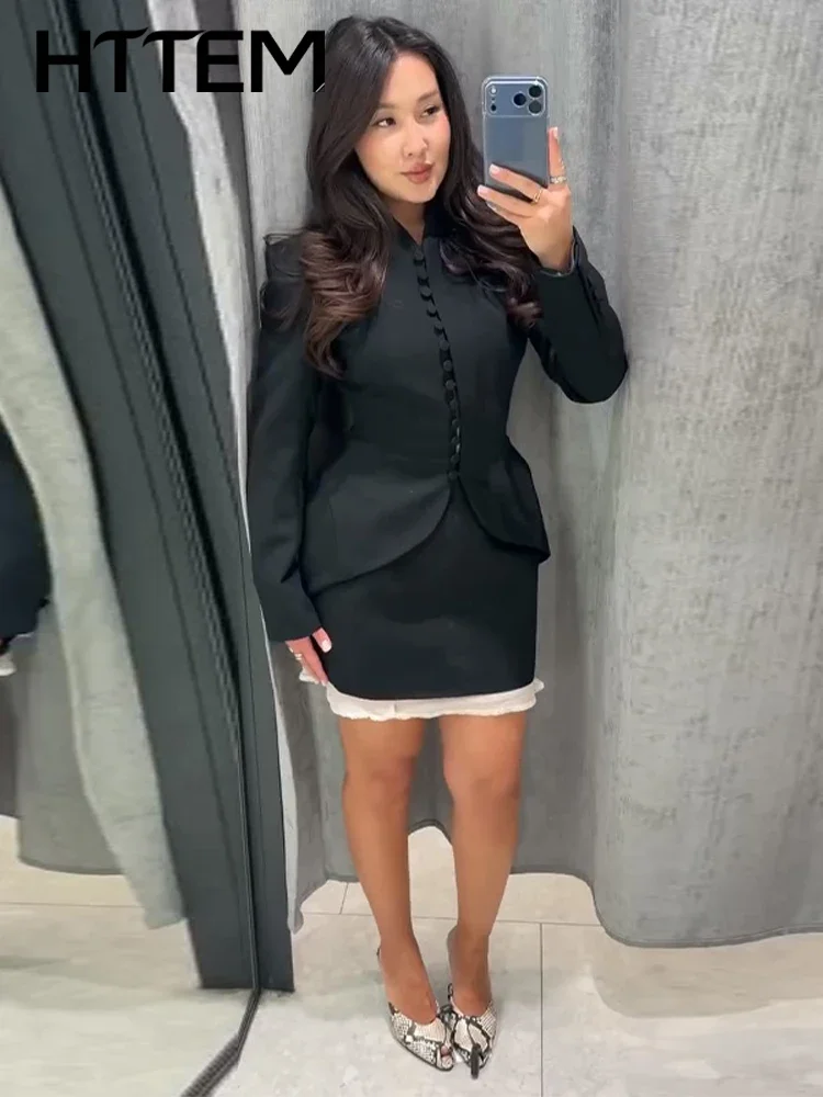 Elegant Slim Button Blazer Coat For Women Black Single-breasted V-neck Long Sleeve Female Coats 2026 Autumn Winter Lady Outwear