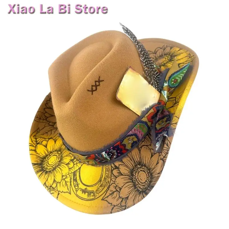 XXFD Unisex Bergaya Merasa Topi Cowgirls Dengan Bulu Dikepang Detail Desain Ringan