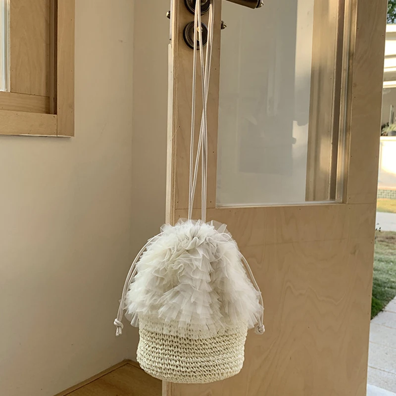

Korean Style Mesh Lace Edged Woven Bag Brand Beach Seaside Vacation Crossbody Bag Elegant Dating Versatile Drawstring Bucket Bag