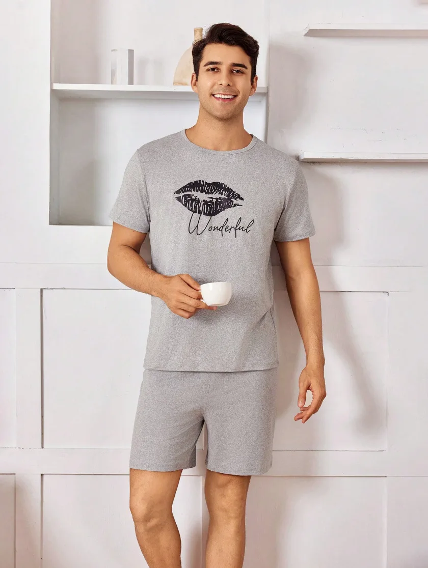 

Men's pajama set - short-sleeved shirt and short pants in solid color with round neck