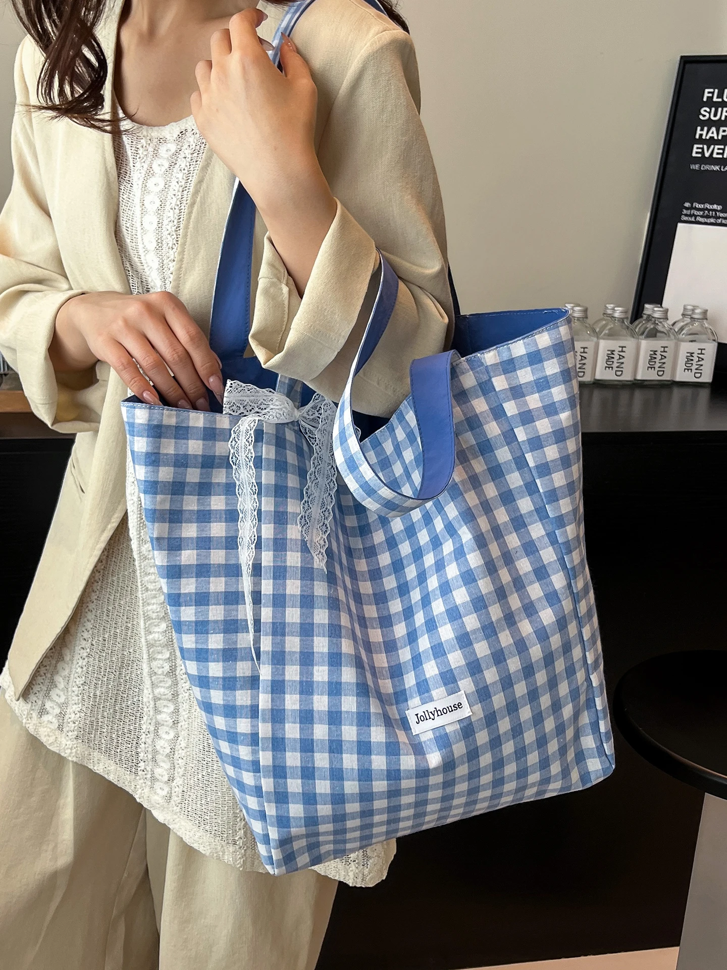 

Large Capaci Plaid Canvas Tote Bag Women's Summer Versatile Single oulder op Bag College Students Class Tote Bag