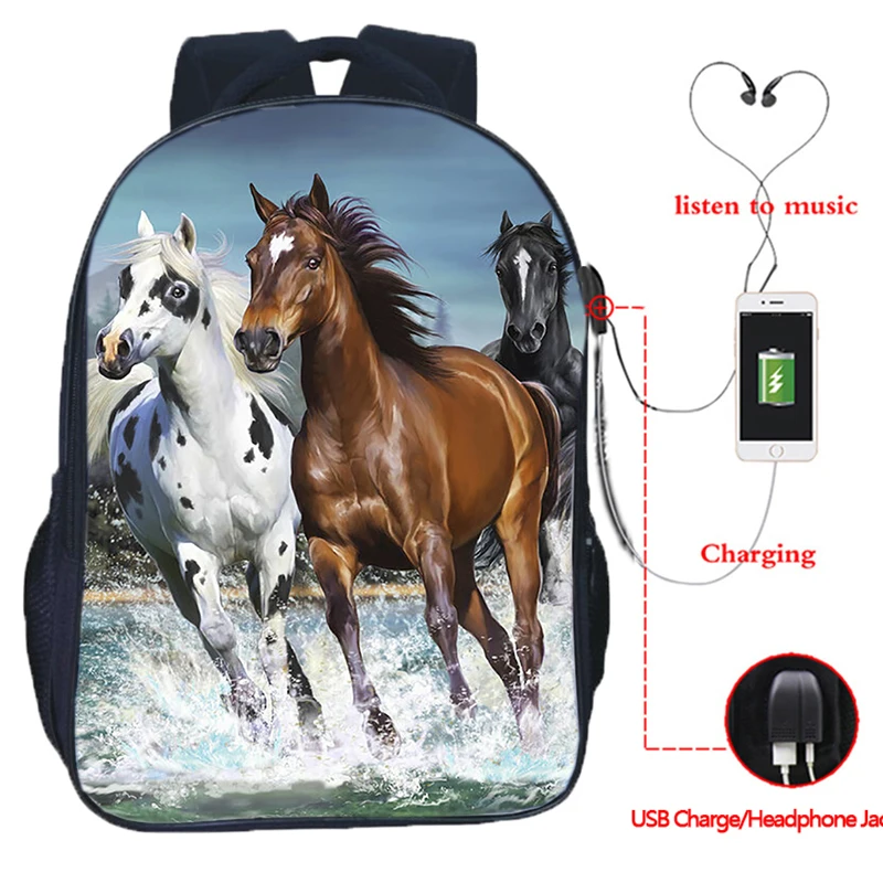 Grande Capacidade Correndo Cavalos Mochila, USB Charge, Saco de Viagem para Adolescentes, Escola Secundária Schoolbag, Laptop, 16"