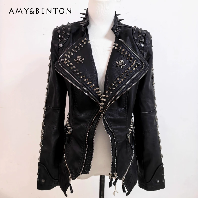 

European American Punk Versatile Classic Slimming Women's Coat Autumn New Heavy Craft Rock PU Leather Rivet Leather Jackets