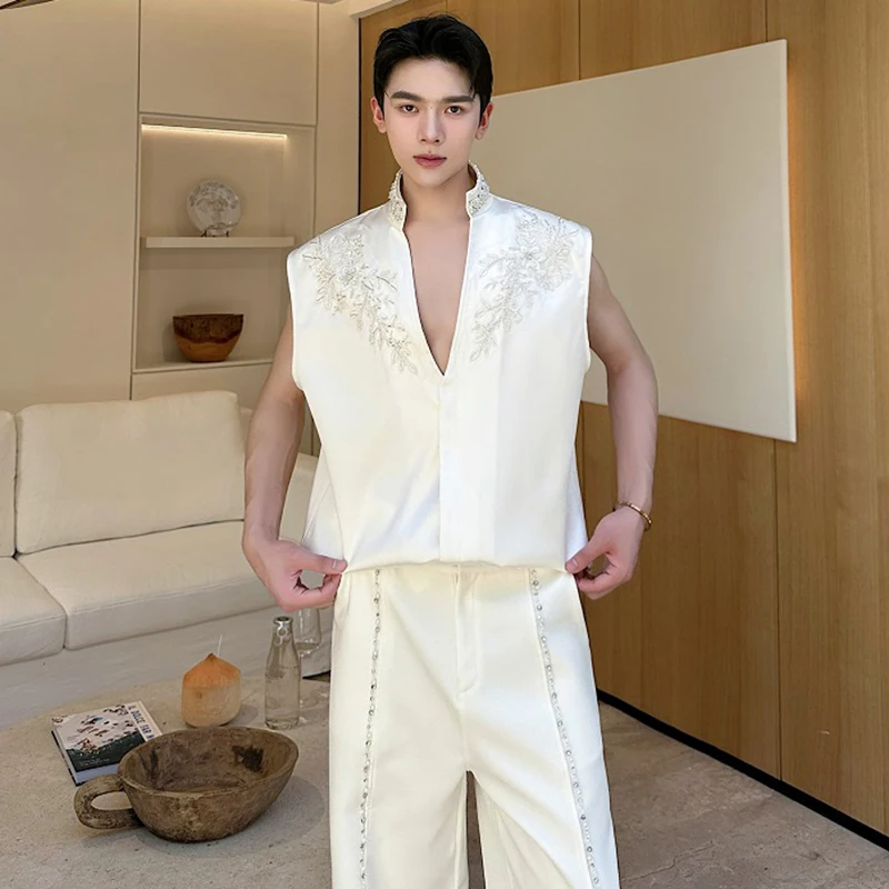 LUZHEN Original Luxury Temperament Pearl Patchwork Stand Neck Sleeveless Shirt Men 2025 Summer Elegant Handsome Tank Tops JY1391