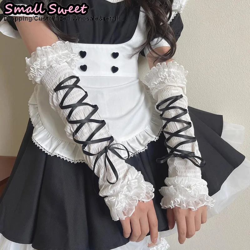 Ballet Goths Women‘s Y2K Girl Summer Lolita JK Bie Bow Sleeve Cover Half Finger Yarn Arm Warmers Wrist Cuffs Lace Ruffled Gloves