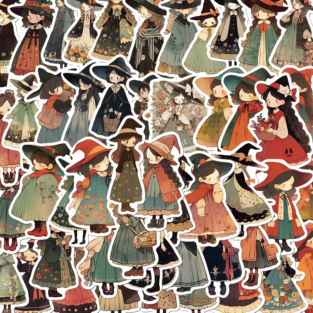 50pcs Cute Cartoon Witch Stickers For Girl Laptop Scrapbook Phone Guitar Suitcase Anime Sticker Vintage Scrapbooking Material